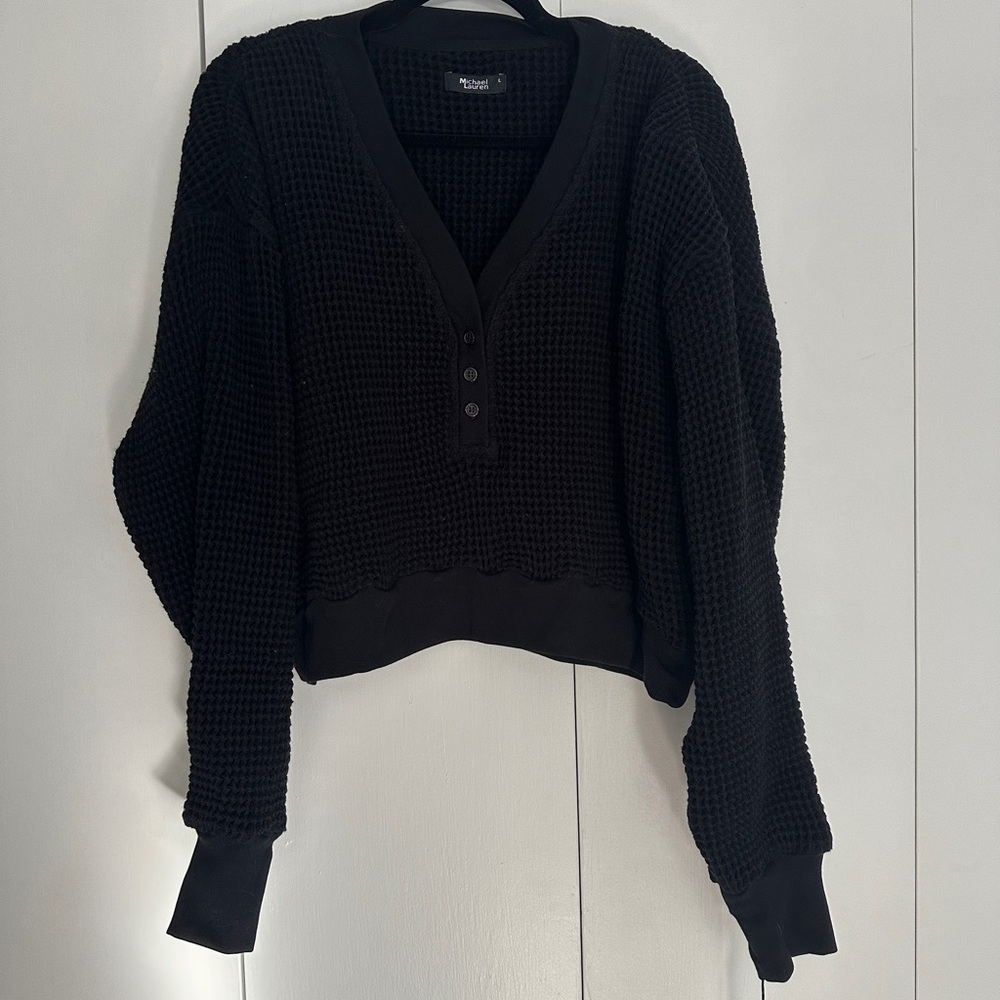 Michael Lauren Black V-Neck Waffle Sweater